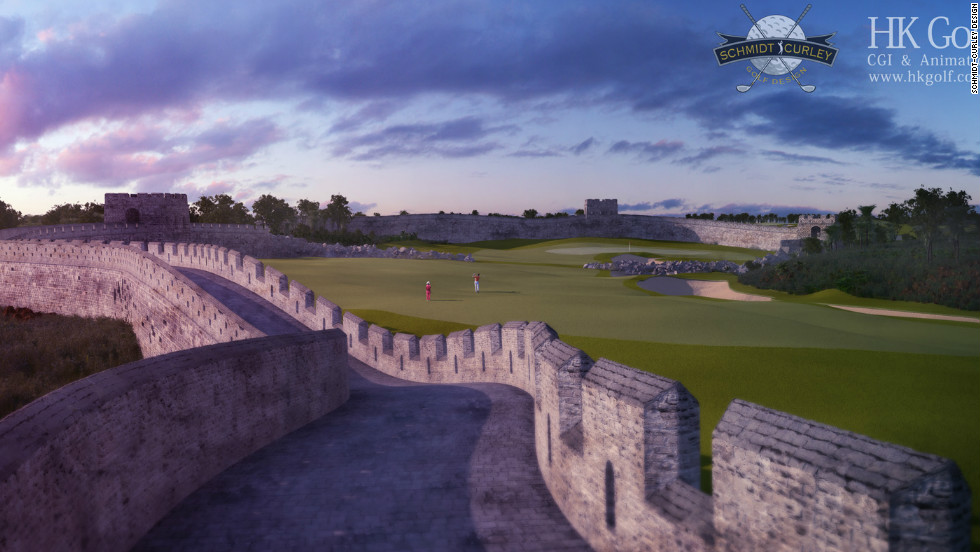 China&#39;s Mission Hills golf complex is a fantastical course that incorporates traditional golf with aspects of crazy golf. Pictured is The Great Wall of China hole, a large obstacle for players to contend with.
