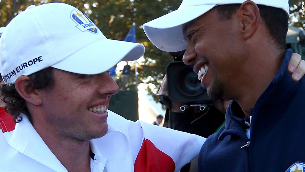 Tiger Woods, right, congratulates Rory McIlroy after Europe&#39;s remarkable victory over the U.S. on the final day of the 2012 Ryder Cup in September. The two are big rivals on the golf course, but a friendship has also blossomed this year.