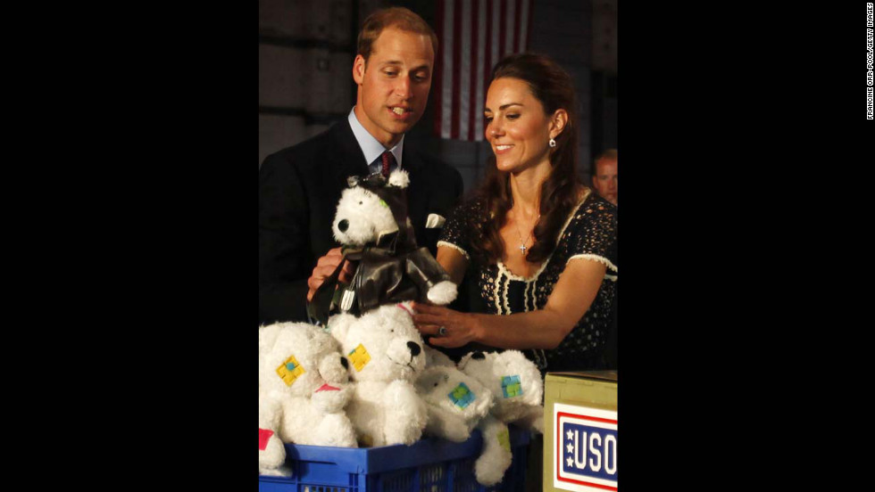 Prince William and Catherine help pack care packages for military children at the Mission Serve: Hiring Our Heroes event on July 10, 2011, in Culver City, California. 