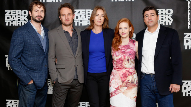 Screenwriter Mark Boal, left, and director Kathryn Bigelow, center, pose with cast members of &quot;Zero Dark Thirty.&quot;