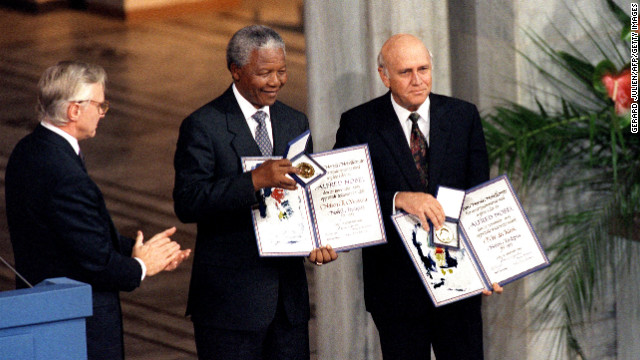 South African President Frederik de Klerk and Mandela shared a Nobel Peace Prize in 1993 for their work to secure a peaceful transition from apartheid rule.