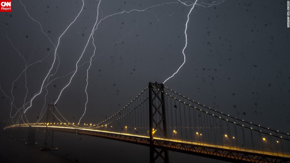 &lt;a href=&quot;http://ireport.cnn.com/docs/DOC-890265&quot;&gt;Phil McGrew&lt;/a&gt; kept his camera going for an hour and a half as a storm passed over San Francisco&#39;s Bay Bridge in April 2012. He shot this 20-second exposure through a rain-soaked window. &quot;Lightning is rare here, but I always thought it (the bridge) would be a pretty good target for lightning,&quot; he said.
