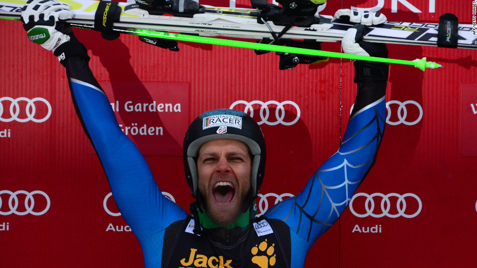 Steve Nyman celebrates his victory in the men&#39;s World Cup downhill race at Val Gardena, Italy. His only other win came at the same race in 2006.