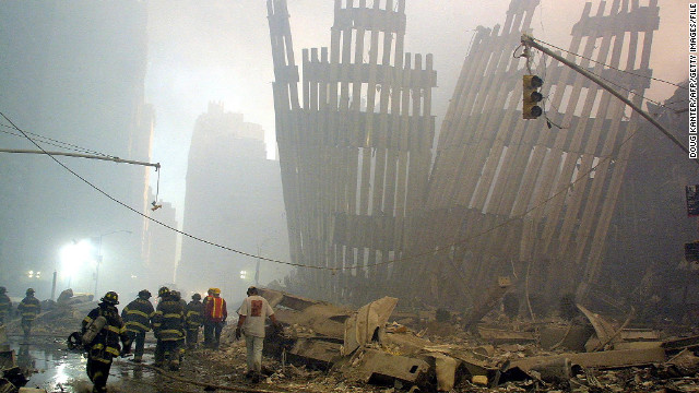 Firefighters make their way through the rubble of the World Trade Center on September 11, 2001. (file photo)