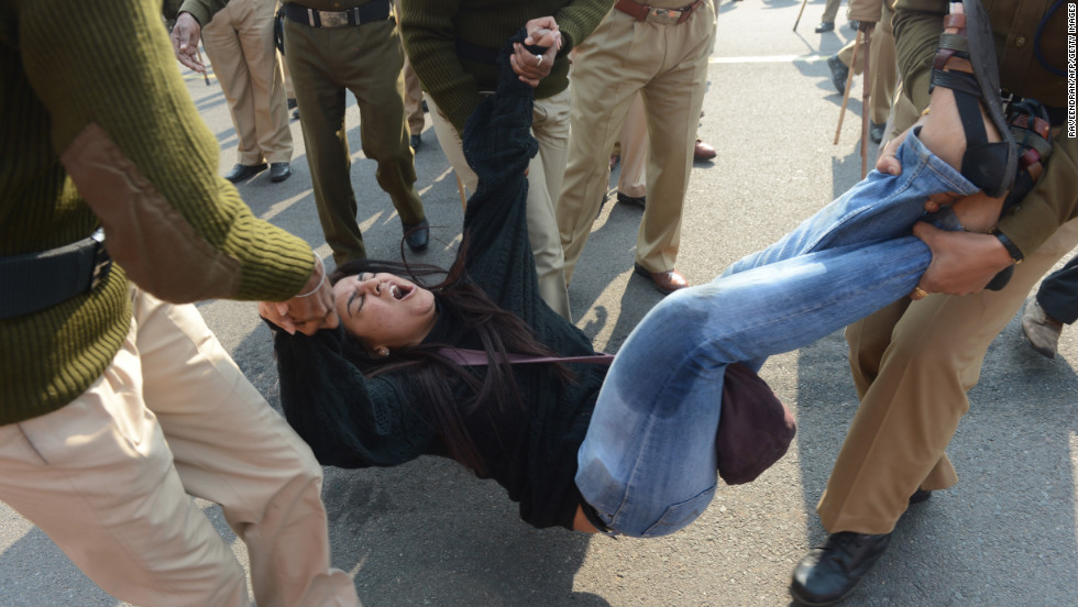 Police arrest a demonstrator during a protest on December 22. Sunday&#39;s attack sparked furious protests across India, where official data show that rape cases have jumped almost 875% over the past 40 years -- from 2,487 in 1971 to 24,206 in 2011.