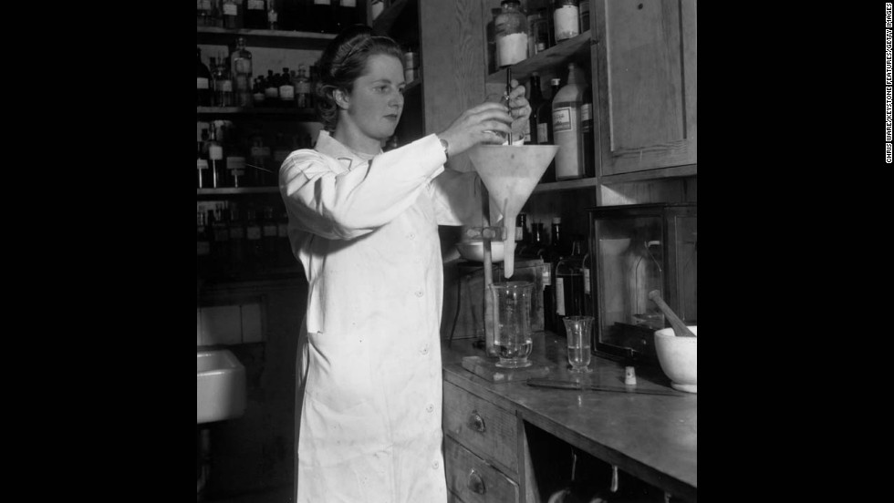 Conservative Party candidate Margaret Roberts, the youngest candidate for any party in the 1950 general election, works in a laboratory where she was a research chemist.