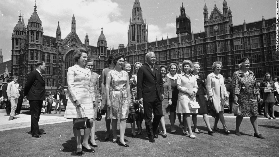 Prime Minister Edward Heath with 13 of 15 newly elected Conservative women members of Parliament outside the House of Commons in June 1970. Thatcher became secretary of state for education and science under Heath.