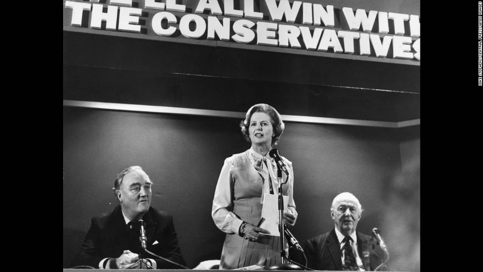 Thatcher addresses Conservatives at the start of the 1979 election campaign. William Whitelaw, at her right, later became home secretary and deputy prime minister under Thatcher.
