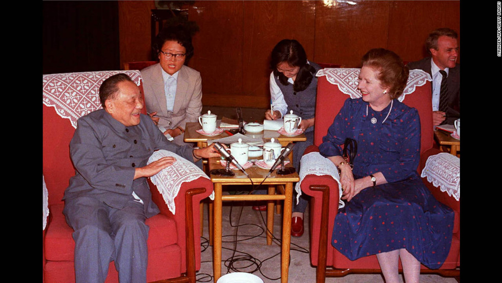 Chinese leader Deng Xiaoping and Thatcher at the Great Hall of the People in Beijing in September 1982. They were holding meetings leading up to the signing of the Sino-British Joint Declaration on the future of Hong Kong in 1984.