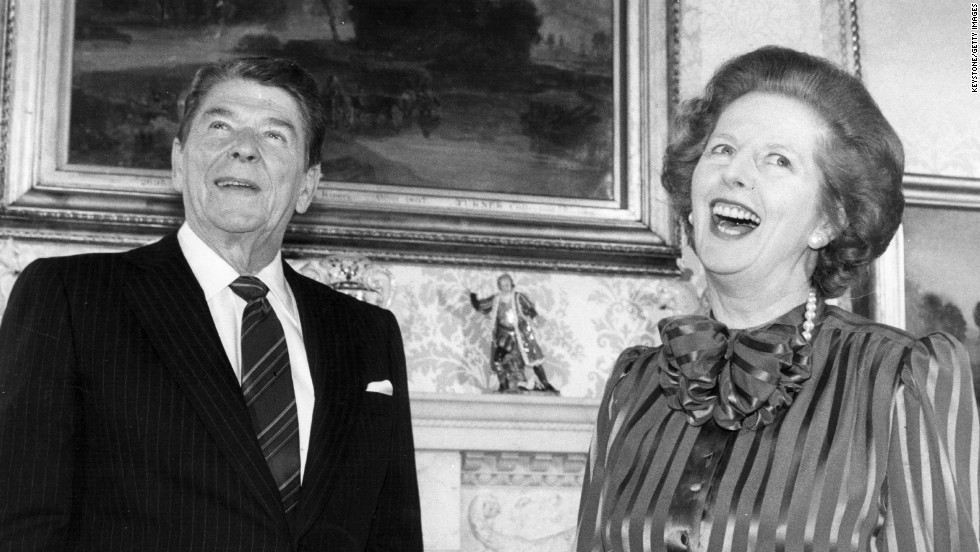 Thatcher and President Ronald Reagan share a joke in London in June 1984. The British politician enjoyed a close working relationship with Reagan, with whom she shared similar conservative views.