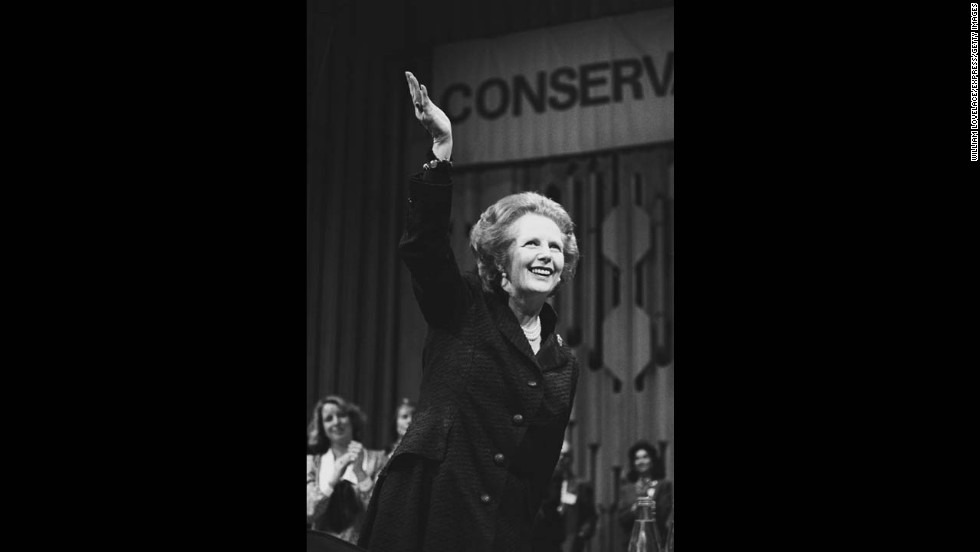 Thatcher addresses the Conservative Party in May 1985.