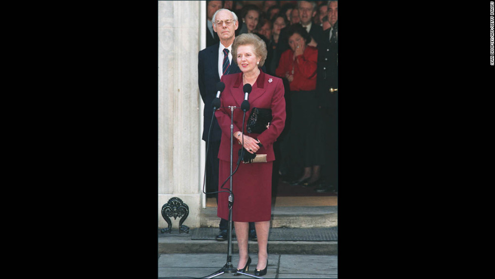 Thatcher, flanked by her husband Denis, addresses the press for the last time at 10 Downing Street before her resignation as prime minister in November 1990 after an internal leadership struggle among Conservatives.&lt;br /&gt;