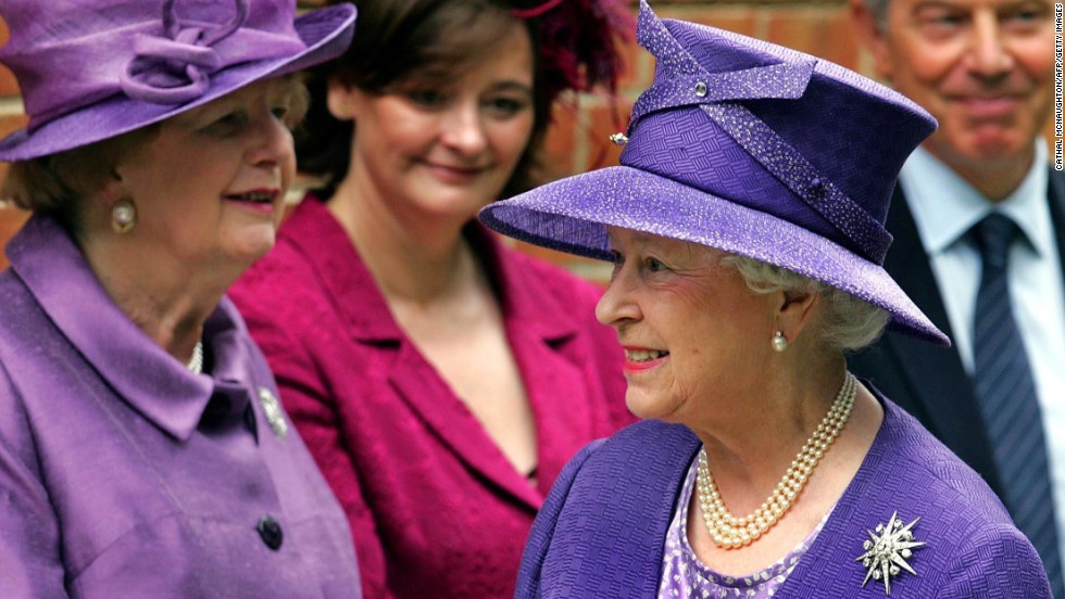 Thatcher, from left, Cherie Blair, Queen Elizabeth II and Prime Minister Tony Blair attend a church service at Pangbourne College in June 2007 to mark the 25th anniversary of victory in the Falklands War. 