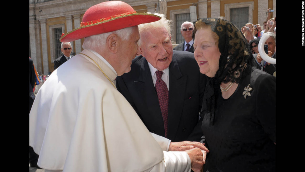 Pope Benedict XVI greets Thatcher in St. Peter&#39;s Square at the Vatican in May 2009. 
