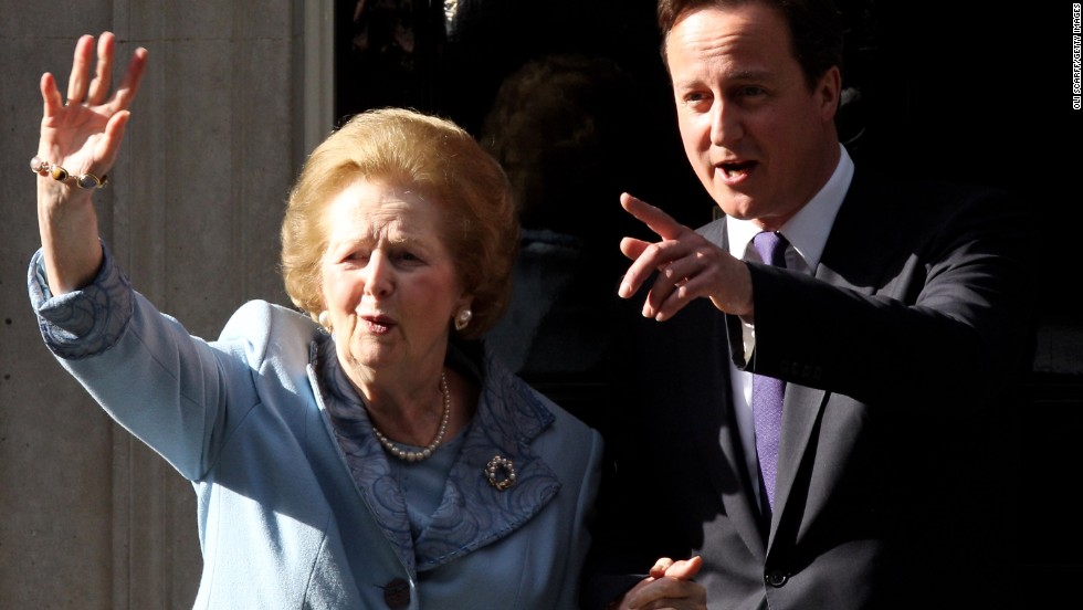 &lt;a href=&quot;http://www.cnn.com/2013/04/08/world/europe/uk-margaret-thatcher-dead/&quot;&gt;Margaret Thatcher&lt;/a&gt;, the first woman to become British prime minister, has died at 87 after a stroke, a spokeswoman said Monday, April 8. &lt;a href=&quot;http://www.cnn.com/2013/04/08/world/europe/margaret-thatcher-icon-outcast/&quot;&gt;Known as the &quot;Iron Lady,&quot;&lt;/a&gt; Thatcher, as Conservative Party leader, was prime minister from 1979 to 1990. Here she visits British Prime Minister David Cameron at 10 Downing Street in London in June 2010. 