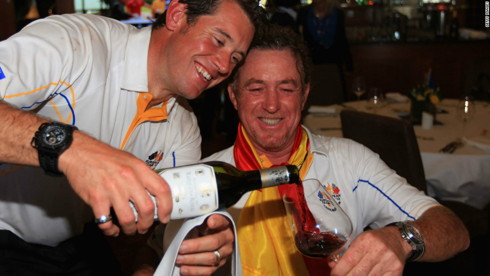 Jimenez and Ryder Cup teammate Lee Westwood toast Europe&#39;s victory in the 2010 event at Celtic Manor in Newport, Wales.
