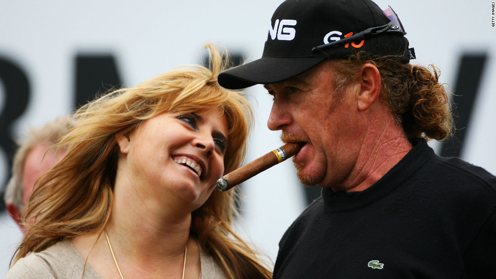 Jimenez with ex-wife Monserrat after winning the European Tour&#39;s flagship PGA Championship event in 2008. 