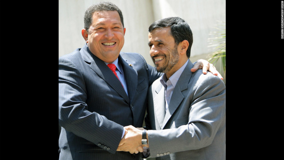 Chavez embraces Iranian President Mahmoud Ahmadinejad, right, in Tehran, Iran, on July 1, 2007.  The two presidents have enjoyed a close relationship and Chavez has referred to Ahmadinejad as his &quot;ideological brother.&quot;