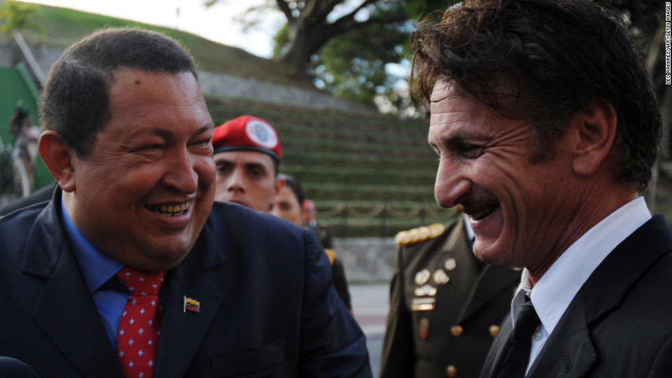 Chavez, left, jokes with American actor Sean Penn, right, during his visit to Miraflores presidential palace in Caracas on February 16, 2012. Penn thanked Chavez for the support given by the Venezuelan government to his nongovernmental organization, which benefits victims of the 2010 Haiti earthquake.