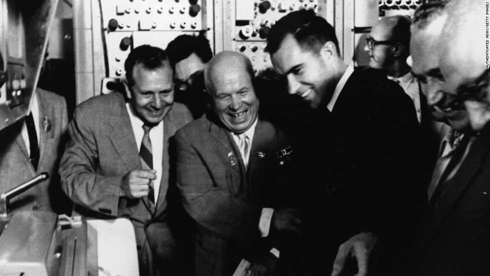 Vice President Nixon, right, and Soviet Premier Nikita Khrushchev, center, share a laugh during Nixon&#39;s visit to the Soviet Union in 1959. The two leaders engaged in an informal debate about the merits of capitalism versus communism at the opening of the American National Exhibition in Moscow.