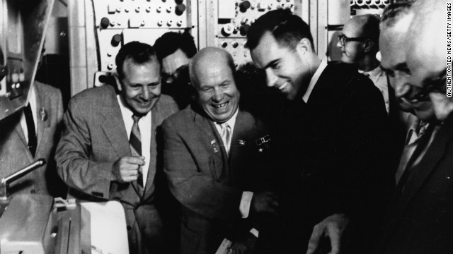 Nixon and Khrushchev share a laugh during Nixon&#39;s visit to the Soviet Union in 1959.