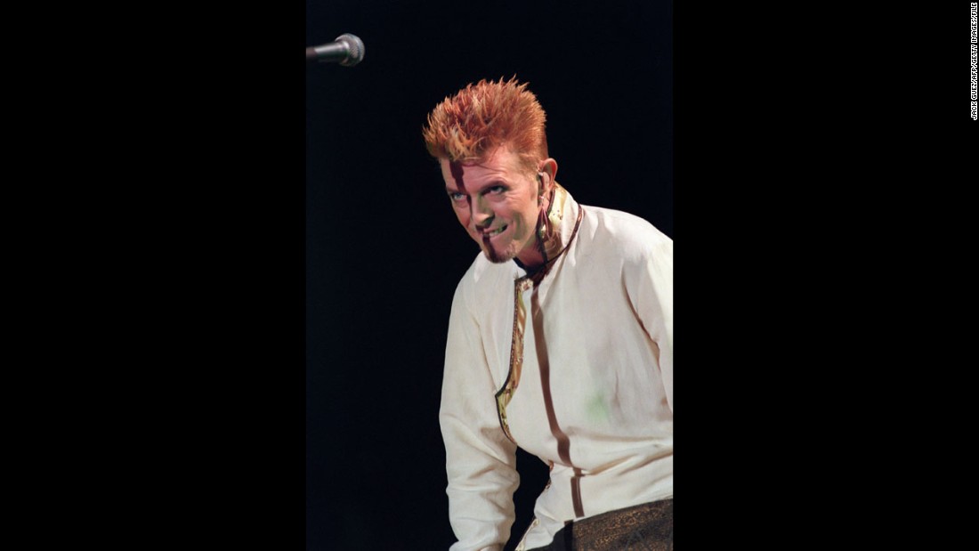 Bowie appears onstage at the Parc des Princes in Paris in June 1997.