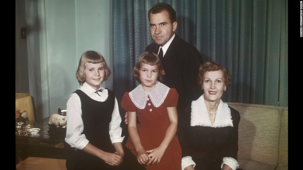 Nixon poses for a portrait with his wife, Pat, and their daughters, Tricia and Julie, circa 1958.