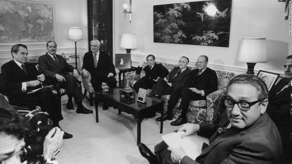 President Nixon, left, briefs the Congressional leadership in 1973 before his televised announcement of the ceasefire in the Vietnam War. From left are Senate Minority Leader Hugh Scott, House Majority Leader Tip O&#39;Neill, Speaker of the House Carl Albert, Senate Majority Leader Mike Mansfield, House Minority Leader Gerald Ford, Vice President Spiro Agnew and Secretary of State Henry Kissinger.