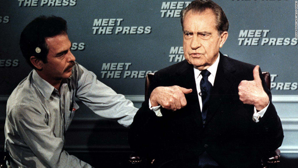 Former President Nixon is wired for a microphone on April 9, 1988, before the taping of the NBC television show &quot;Meet the Press.&quot; It was his first appearance on the show since 1968.