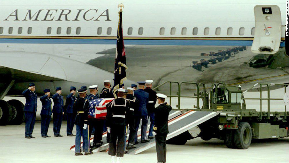 Days after suffering a stroke, Nixon died in New York on April 22, 1994. A military honor guard carries Nixon&#39;s casket at the Stewart Air Force Base before the flight back to his hometown of Yorba Linda, California. His body was put on the same Boeing 707 that flew him home after his resignation.