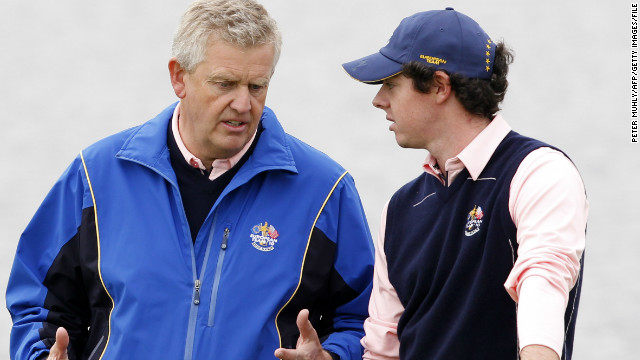 Rory McIlroy, right, talks with his then Ryder Cup captain Colin Montgomerie before Europe&#39;s 2010 victory in Wales. 