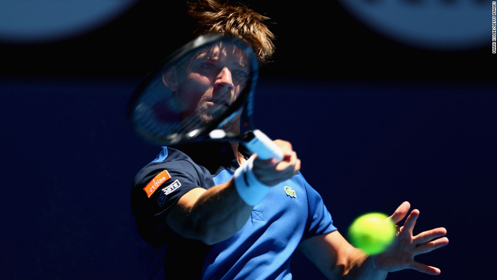 David Goffin of Belgium plays a forehand in his first-round match against Fernando Verdasco of Spain on January 14. Verdasco defeated Goffin 6-3 3-6 4-6 6-3 6-4.