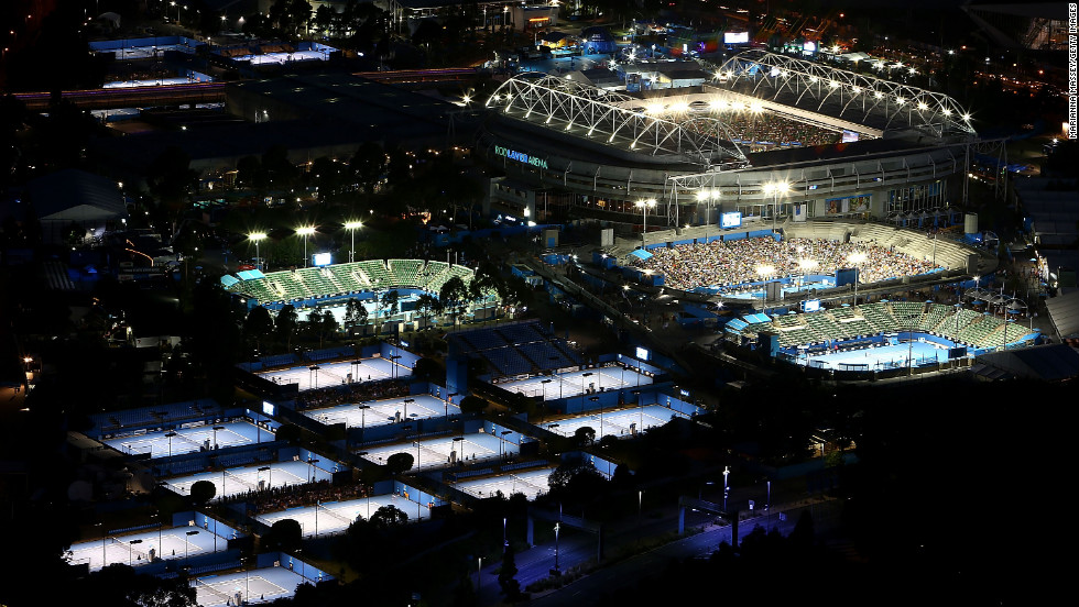 The courts at Melbourne Park are lit for night play during day two of the tournament on January 15.