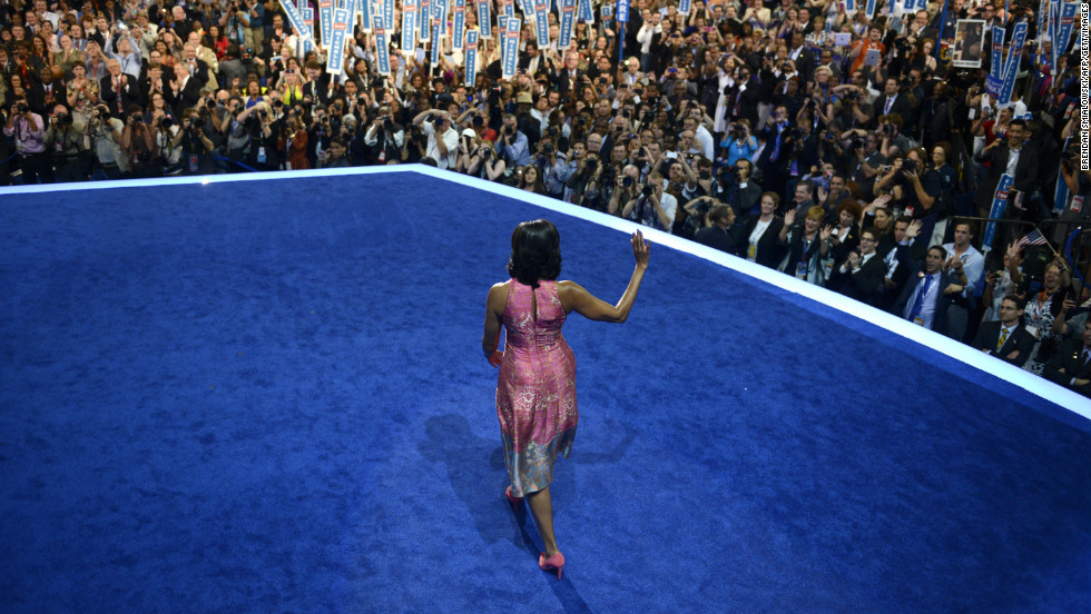 The first lady worked the crowd at the 2012 Democratic National Convention in Charlotte, North Carolina, in a Tracy Reese sheath with pink suede pumps by J. Crew, according to Taylor.