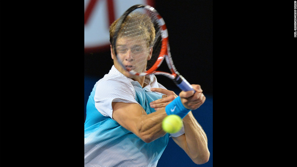 Harrison plays a return during his men&#39;s singles match against Djokovic on January 16. 