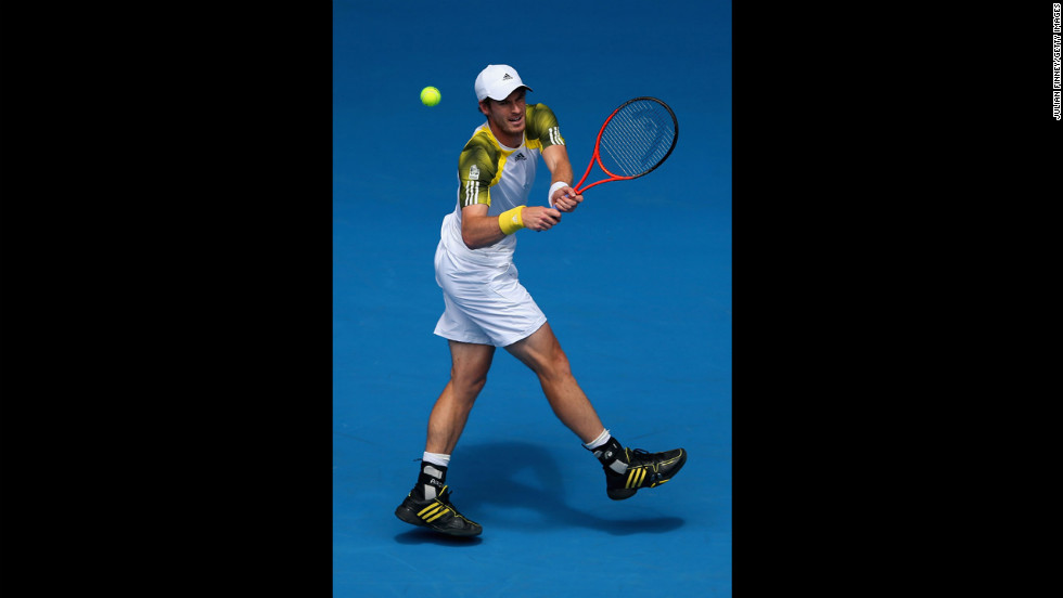 Andy Murray of Britain plays a backhand in his second-round match against Joao Sousa of Portugal on January 17. Murray defeated Sousa 6-2, 6-2, 6-4.
