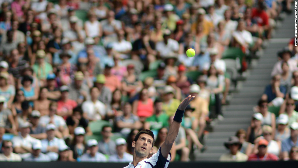 Novak Djokovic of Serbia serves against Radek Stepanek of the Czech Republic during their men&#39;s singles match on Day Five of the Australian Open in Melbourne, Australia, on Friday, January 18. Djokovic won 6-4, 6-3, 7-5. 