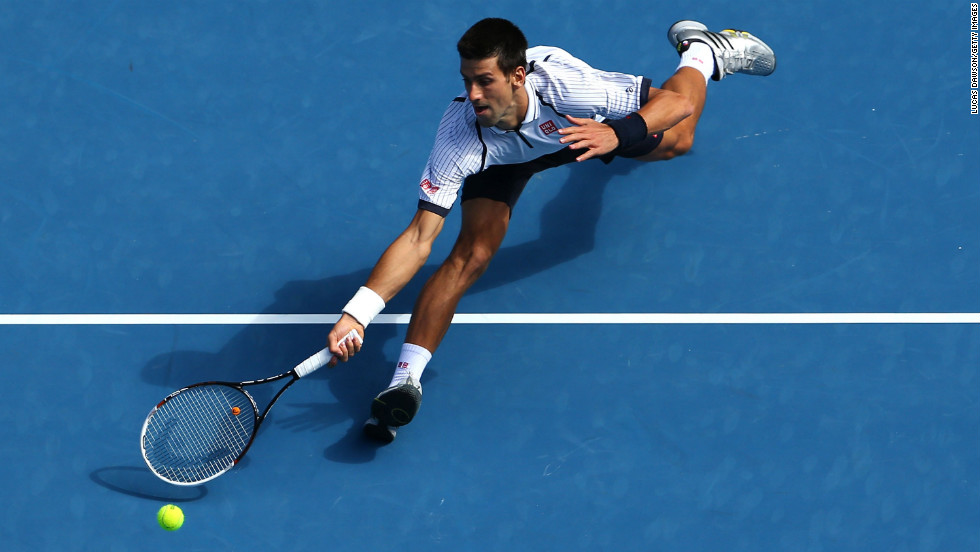 Djokovic plays a forehand in his third-round match against Stepanek on January 18.