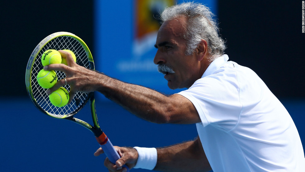 Mansour Bahrami of Iran warms up for a doubles match on January 19. He and Wayne Ferreira of South Africa faced Australians Mark Woodforde and Todd Woodbridge. 