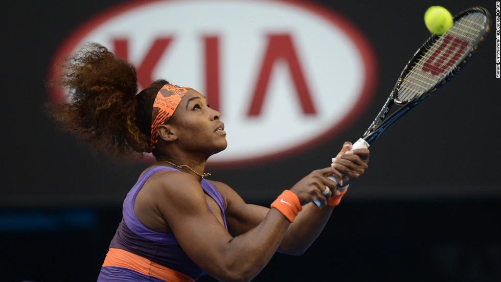 American Serena Williams hits a return against Russia&#39;s Maria Kirilenko during their women&#39;s singles match on Day Eight on Monday, January 21. Williams won 6-2, 6-0. 