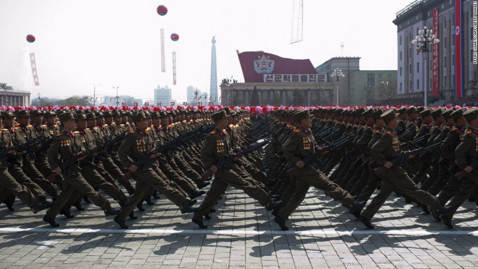 North Korean soldiers march during a military parade in Pyongyang in April 2012.