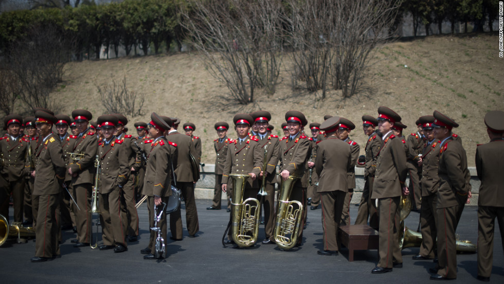 Members of a North Korean military band gather following an official ceremony at the Kim Il Sung stadium in Pyongyang in April 2012.