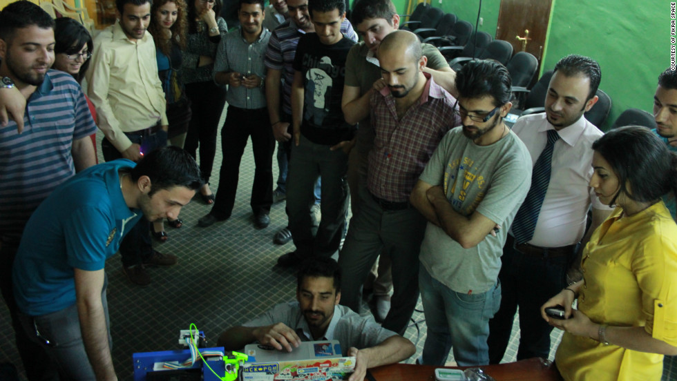 Bilal Ghalib, an Iraqi-American advocate for hackerspaces in the Middle East, told CNN he wants to see &quot;A thousand hackerspaces from Turkey to Morocco.&quot; Here, he demonstrates new equipment to members of Fikra Space, Baghdad&#39;s first hackerspace.