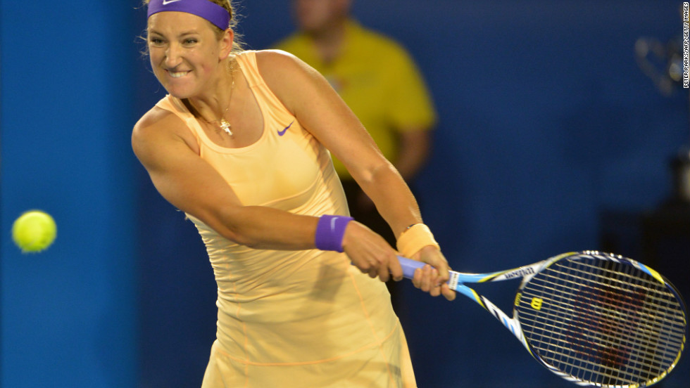 Belarus Azarenka hits a return during the women&#39;s final, which she won 4-6 6-4 6-3.