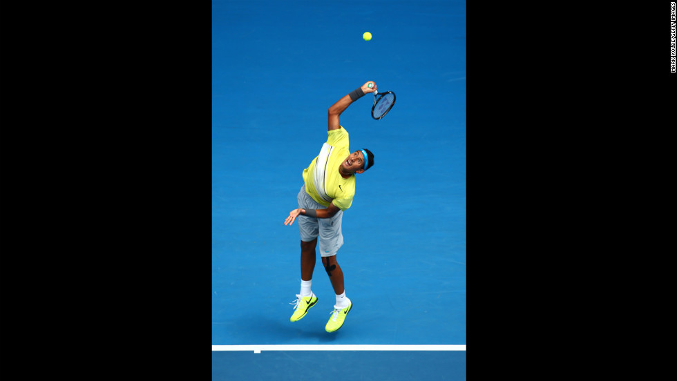 Nick Kyrgios of Australia serves in his junior boys&#39; final match against Thanasi Kokkinakis of Australia on January 26. Kyrgios captured the boys singles title in straight sets.