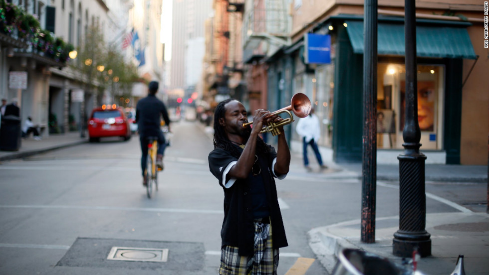 Mario Abney plays the trumpet on Bourbon Street in the French Quarter January 28.