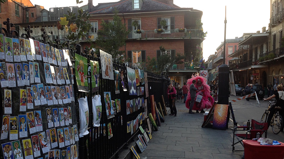 Artwork awaits Mardi Gras and Super Bowl visitors in the French Quarter.