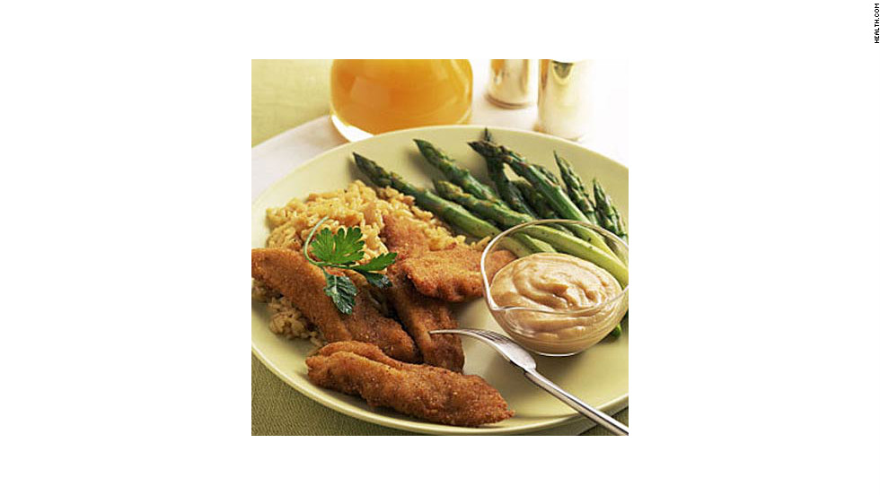 Baking these 190-calorie chicken strips keeps them low-fat, but the seasoning and bread crumbs create a faux-fried texture. &lt;strong&gt;Try this recipe:&lt;/strong&gt; &lt;a href=&quot;http://www.health.com/health/recipe/0,,10000001097977,00.html&quot; target=&quot;_blank&quot;&gt;Smoky chicken fingers&lt;/a&gt; 