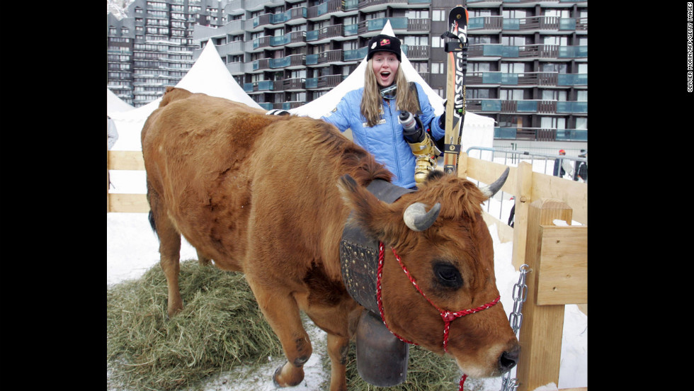 Kildow poses with her trophy, a cow, in Val d&#39;Isere, France, after winning her second World Cup in the women&#39;s downhill event on December 17, 2005.