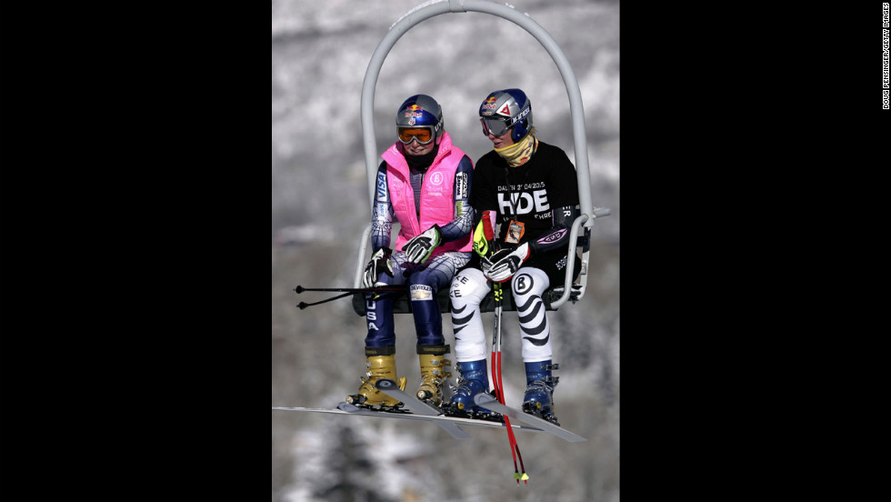 Kildow rides the lift with Maria Riesch of Germany during training for the FIS Alpine Skiing Women&#39;s World Cup Race on December 8, 2005, in Aspen, Colorado.  